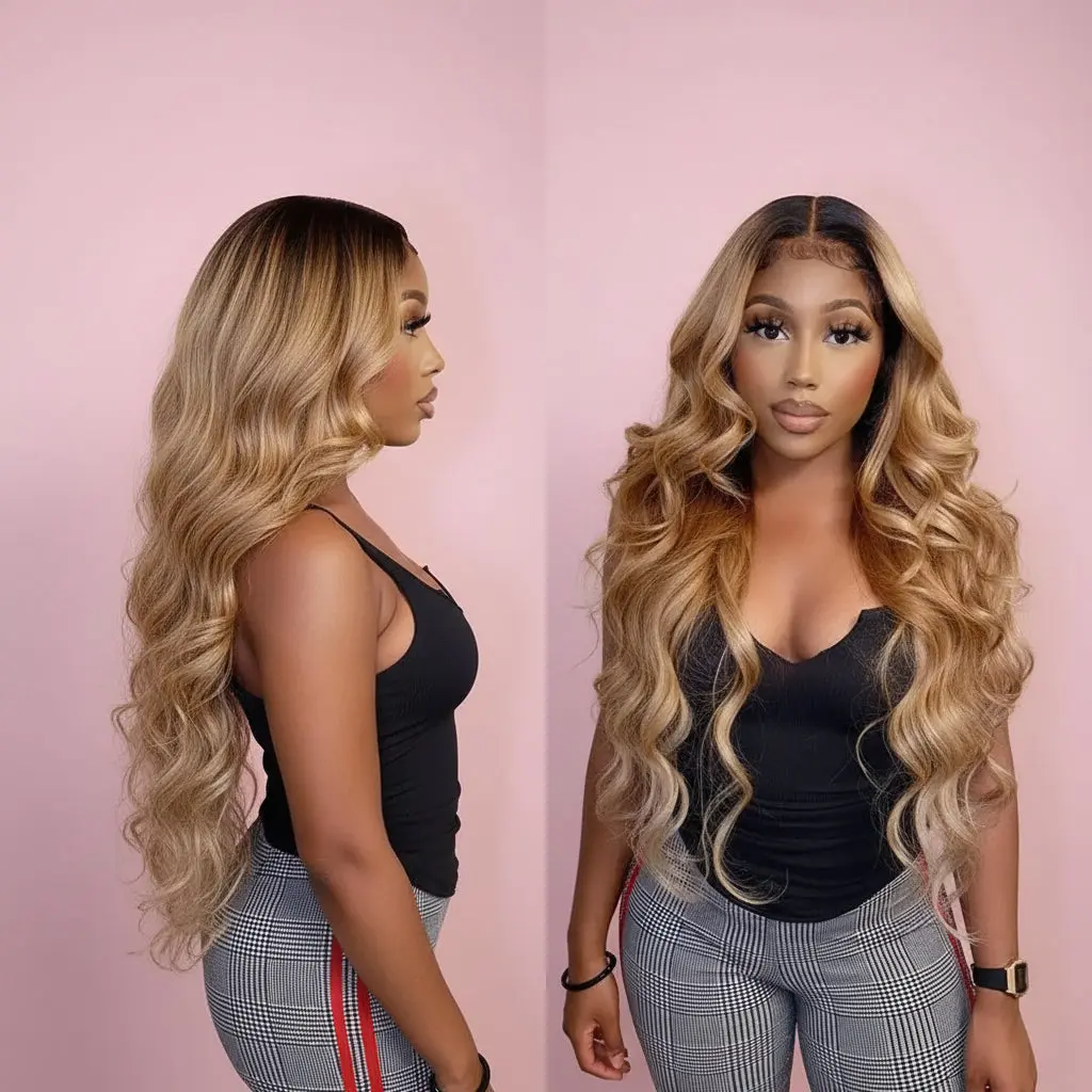Honey Blonde Body Wave Full Bundles - T1B/27 Ombre Honey, Premium Raw Blend Brazilian Human Hair Extensions, Double Wefts, Tangle-Free