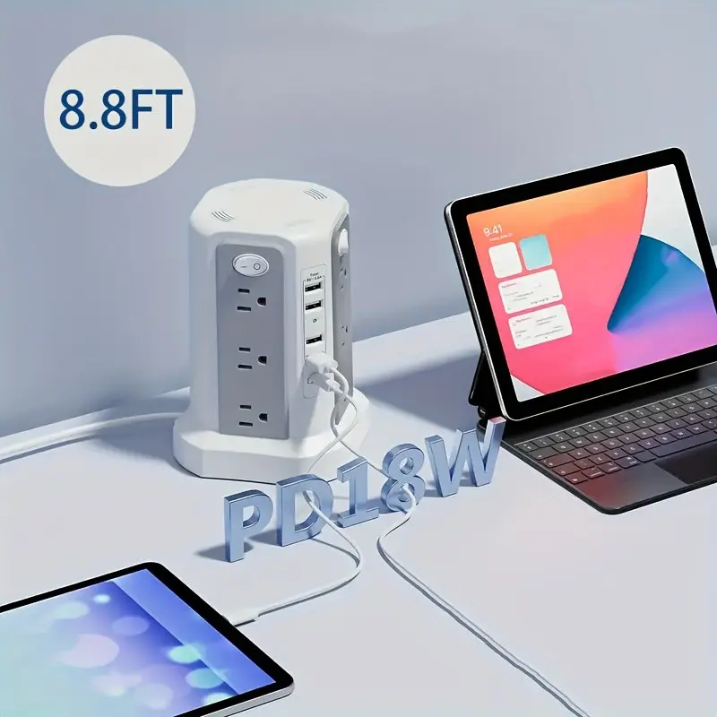 [16 AC Outlets Power Strip] Level 4 Upgraded New Product Flat Plug 16 AC Outlets Power Strip Tower with USB/USB C Port, Surge Protector Power Tower with 5 USB Charging Ports, Extension Cord Desktop Power Strip