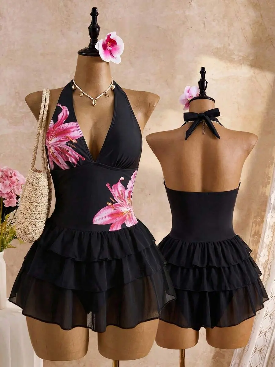 Women's Black Summer Chiffon Ruffle Swimdress, Female Swimwear with Dot Print, Halter Tie, Deep V-Neck, Backless, 3-Tier Short Skirt Hem, Swimsuit Vibes for Casual Pool Party
