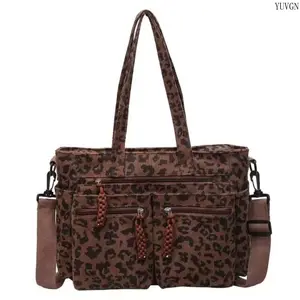 1pc Leopard Print Corduroy Tote Bag for Women, Large Capacity Multi-Pocket Casual Shopping Bag, Laptop Compatible Handbag with Detachable Adjustable Shoulder Strap, Ideal for Travel Business Campus Party and Gifting