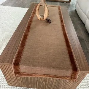 Rustic Brown Table Runner with Velvet Trim Farmhouse Coffee Table Decor for Home Decor 15x49in Can make Custom Size