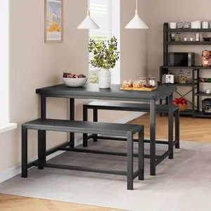 Garvee Dining Table Set for 4, Kitchen Table with Benches, Rectangular Dining Room Table Set with 2 Metal Wood Benches, 3 Piece Dining Table Set for Small Space, Apartment, Dinette, Retro Black