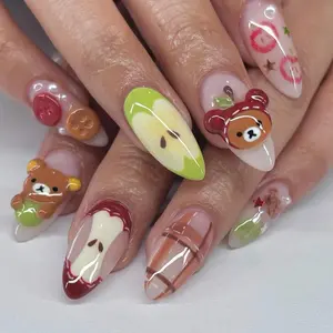 Rilakkuma and Apple-Themed Press On Nails, Cute 3D Handmade Nail Art, Apple and Bear on Fake Nails, Cartoon Bear Nails, Kawaii Apple Nails
