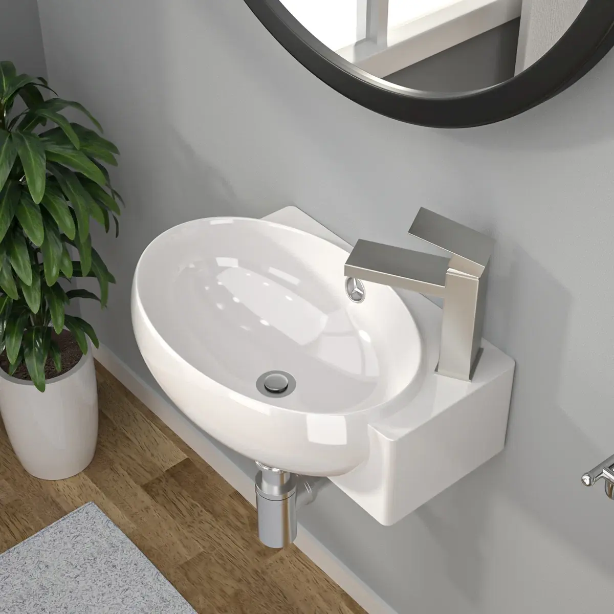 Kichae Modern 16in x 11in Wall-Mount Oval Ceramic Bathroom Sink, with Overflow, Single-Hole Universal Faucet & Drain Compatibility, White Bathroom Sinks
