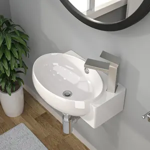 Kichae 16" x 11" Wall Mount Bathroom Sink, Oval Ceramic Wall Hung Vanity Sink with Overflow, Single Hole Faucet Compatible, White