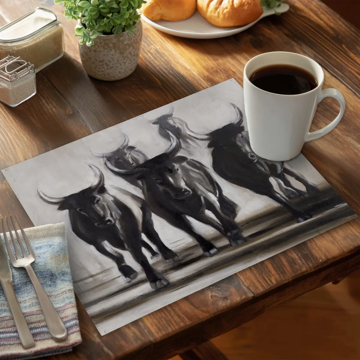 Kitchenware 6-Piece Rectangle Polyester Placemat & Coaster Set (14"x18") - 360 Stand, Fierce Running Bulls Novelty Print, Durable Tableware, Animals Design, Bold Look, Strength and Energy, Enhances Decor, C6PP14184GM3Q1