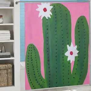 Boho Cactus Flower Print Shower Curtain, Pink Green Waterproof Bath Curtain, Southwest Desert Aesthetic Bathroom Decor, Cute Cactus Bath Accessory with Hooks