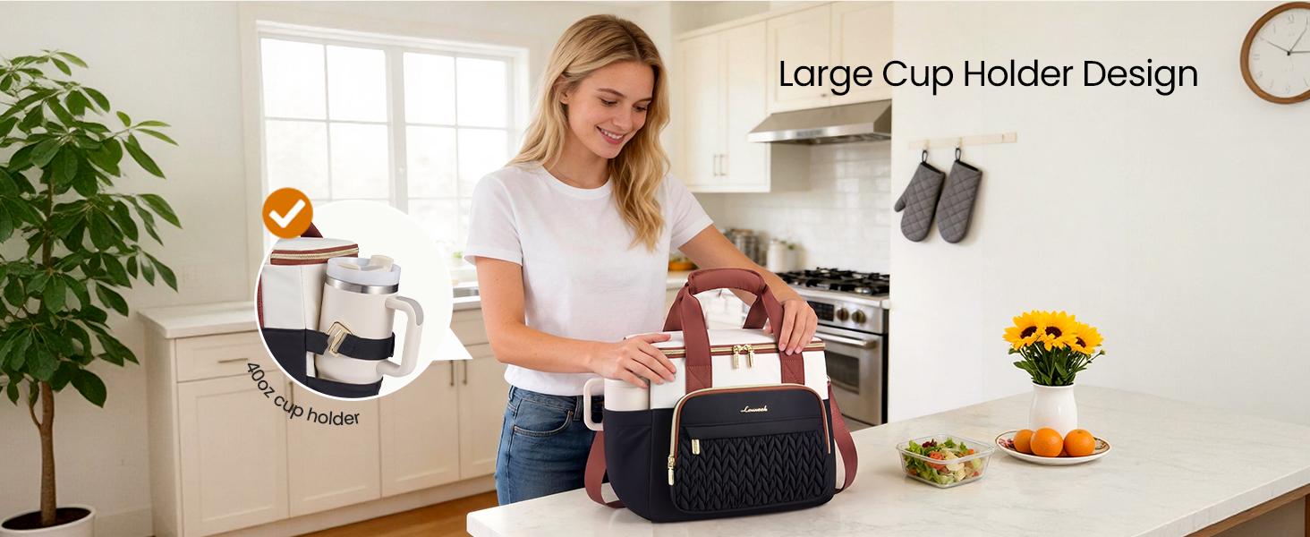 LOVEVOOK Lunch Bag Women, Insulated Wide Opening Adult Lunch Box for Women Work with Cup Holder, Large Lunch Cooler Tote Bag with Utensils Pocket for Office Campus Picnic Beach Mom Nurse Family