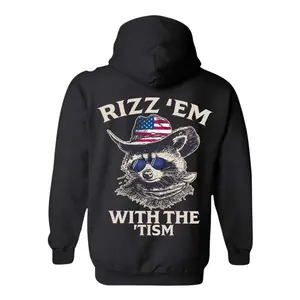 Patriotic Rizz ’Em Hoodie – Cool Raccoon Graphic Sweatshirt with Sunglasses & Cowboy Hat, Funny Statement Streetwear, Unisex Casual Pullover