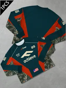 Men's Casual Camo Styles Racing Car Print Sweatshirt Top, Colorblock Design, Short Sleeve, Loose Fit, Perfect for Daily Wear & Street Style