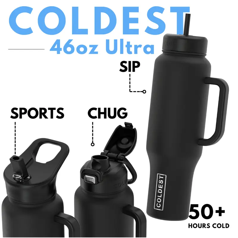 COLDEST 46oz Limitless Ultra V8 – 46oz Stainless Steel Insulated Water Bottle | Leakproof, Heavy-Duty, Ultra Cold Hydration for Gym, Travel, Work, Sports, Outdoor & Daily Use | Durable Metal Bottle with Max Ice Retention & All-Day Performance