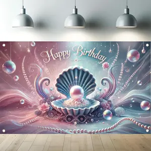 Pearl and seashell ocean-themed happy birthday backdrop tapestry, elegant pearl and seashell photography backdrop tapestry, birthday party decoration, photo booth supplies.
