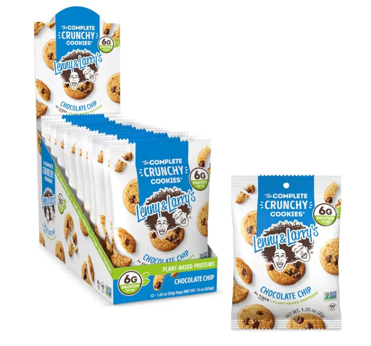Lenny & Larry's The Complete Crunchy Cookie, Chocolate Chip, 6g Plant Protein, Vegan, Non-GMO, 1.25 Ounce Pouch (Pack of 12)