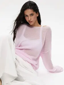 Women's Hollow Out Design Thin Breathable Round Neck Flared Sleeve Knitwear Top, Y2K Style All-Season Fitted Plain Sweater for Women