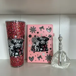 Live Claim Only 24oz Glittery Tumbler with Pink Notebook and Pen Set for Daily Use
