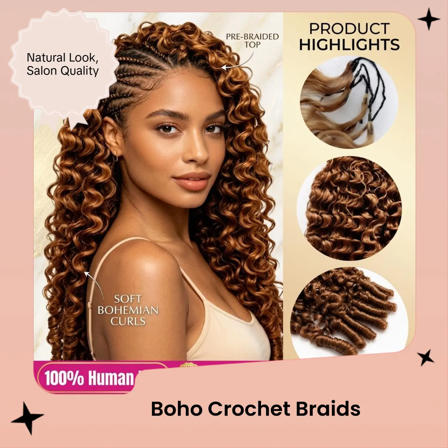 Lwigs Looks Like A $500 Salon Install 100% Human Hair Crochet Braids – Miracle Knots Pre-Separated Knotless Boho Braids, #30 Brown Human Hair Crochet Braids，Natural Looking Invisible Crochet Hair