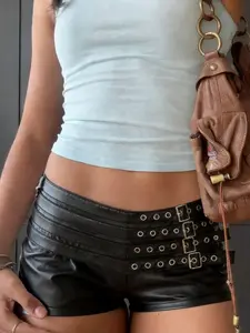 Metal Buckle PU Leather Slim-Fitting Shorts, Sexy Casual Style, Short Pants, Plain Pattern, No Ca Prop 65, Women's Fashion, Womenswear, Bottom, Fitted Fashion Shorts
