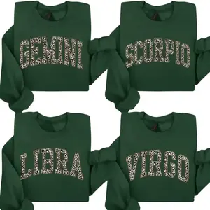 Full 12 Minimalist Zodiac Graphic Sweatshirt – Forest Green Color, Leopard Print Astrology Sign Pullover, Vintage Horoscope Crewneck for Women & Men