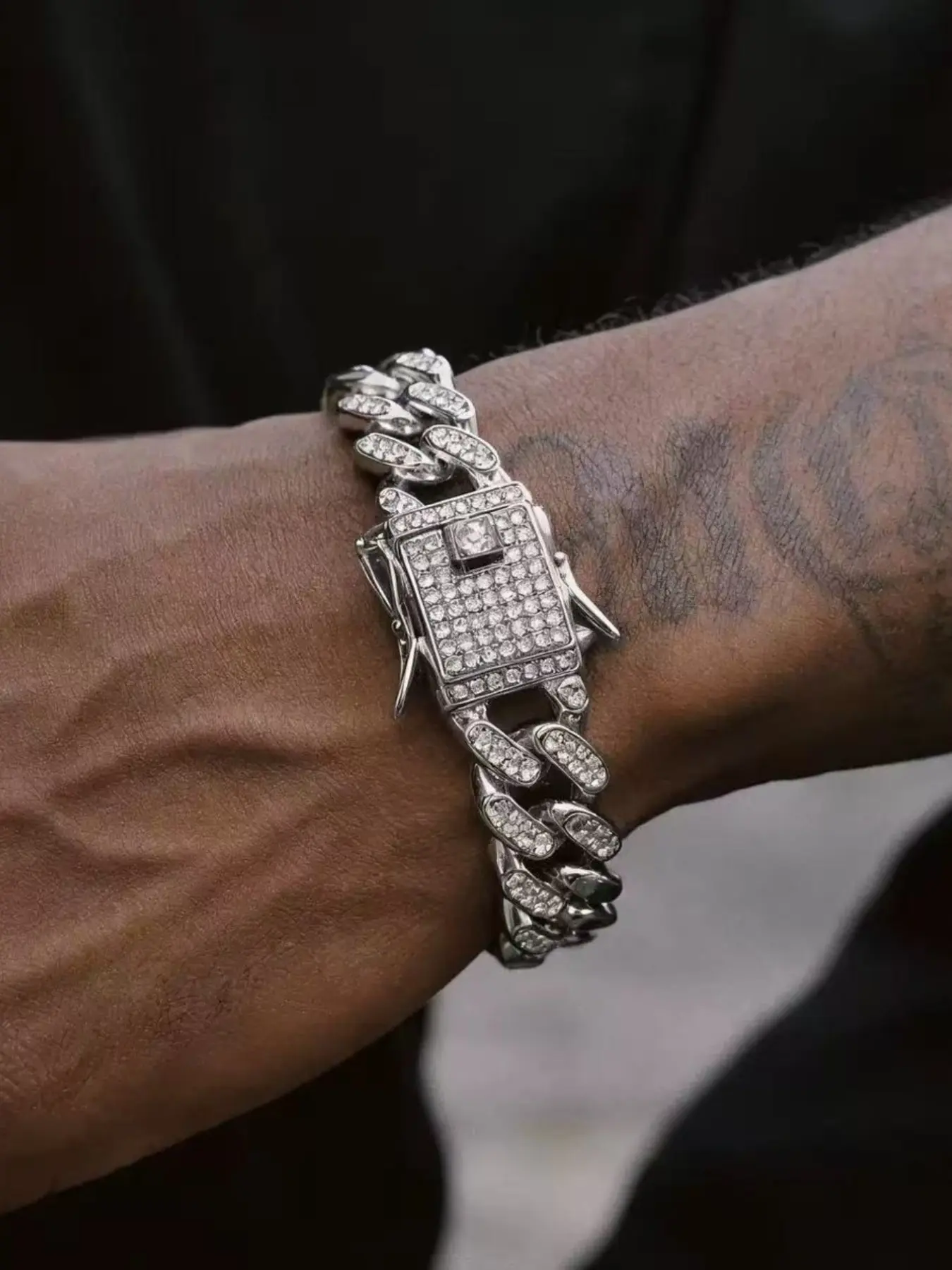 1 piece of hip-hop glitter full-diamond rhinestone bracelet jewelry, rapper streetwear Cuban chain accessory, suitable for performances and daily wear, Prong Cuban Bracelet