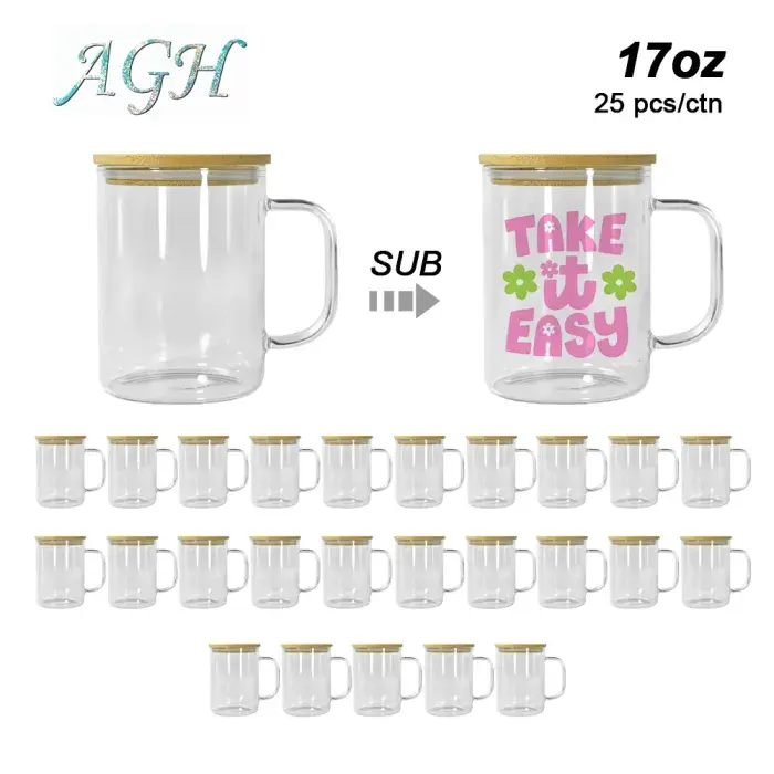 USA 25pcs 17oz Clear Glass Coffee Mug Glass Tumbler with Handle Lid Straw High - Heat Borosilicate Glassware for UV DTF Wraps Tumbler Press