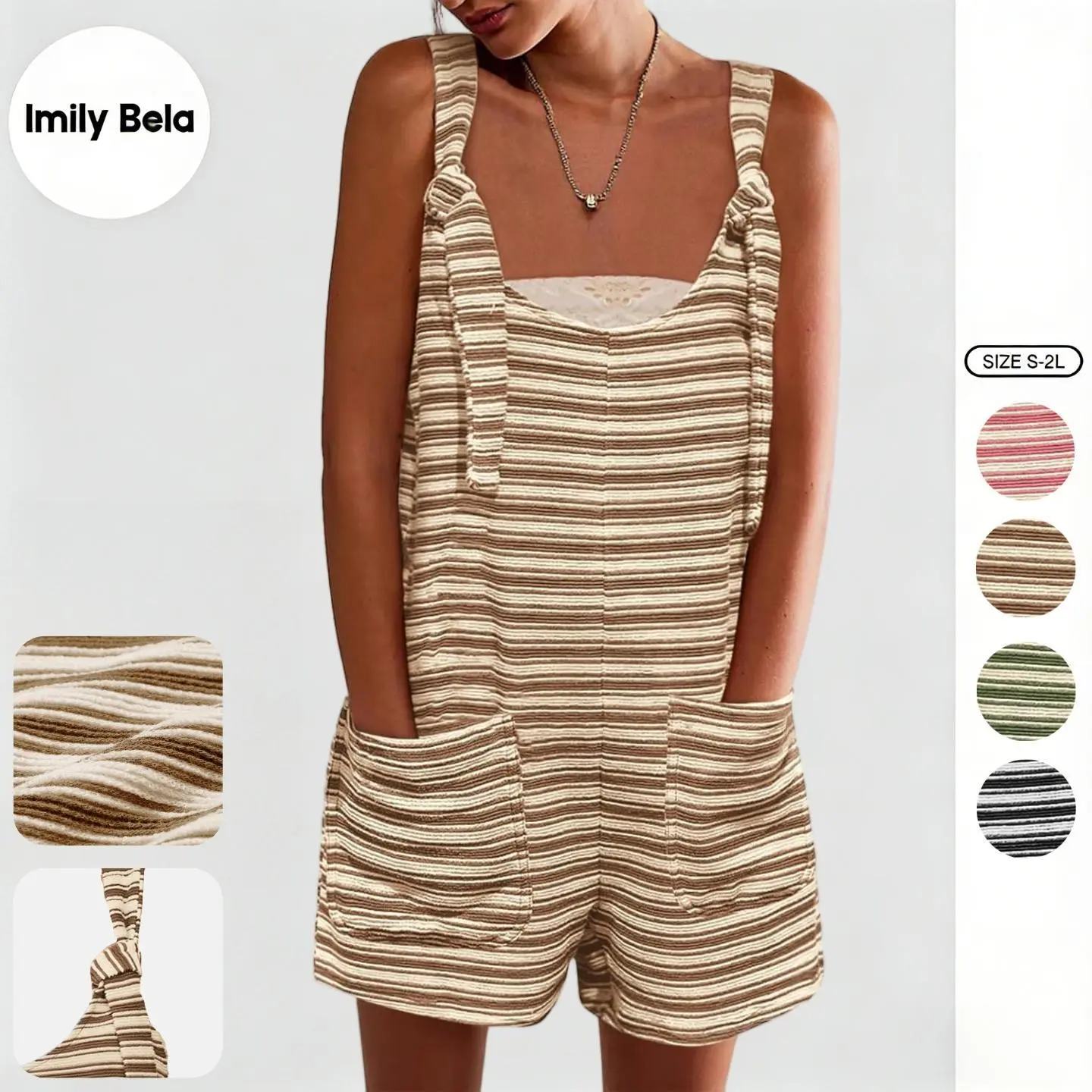 Imily Bela Women's Casual Striped Romper, Sleeveless Loose Lounge Summer Jumpsuit with Adjustable Tie Straps and Pockets, Loose Lounge Rompers, Strappy, Overalls, Scoop Neck, Cute, Loose Fit