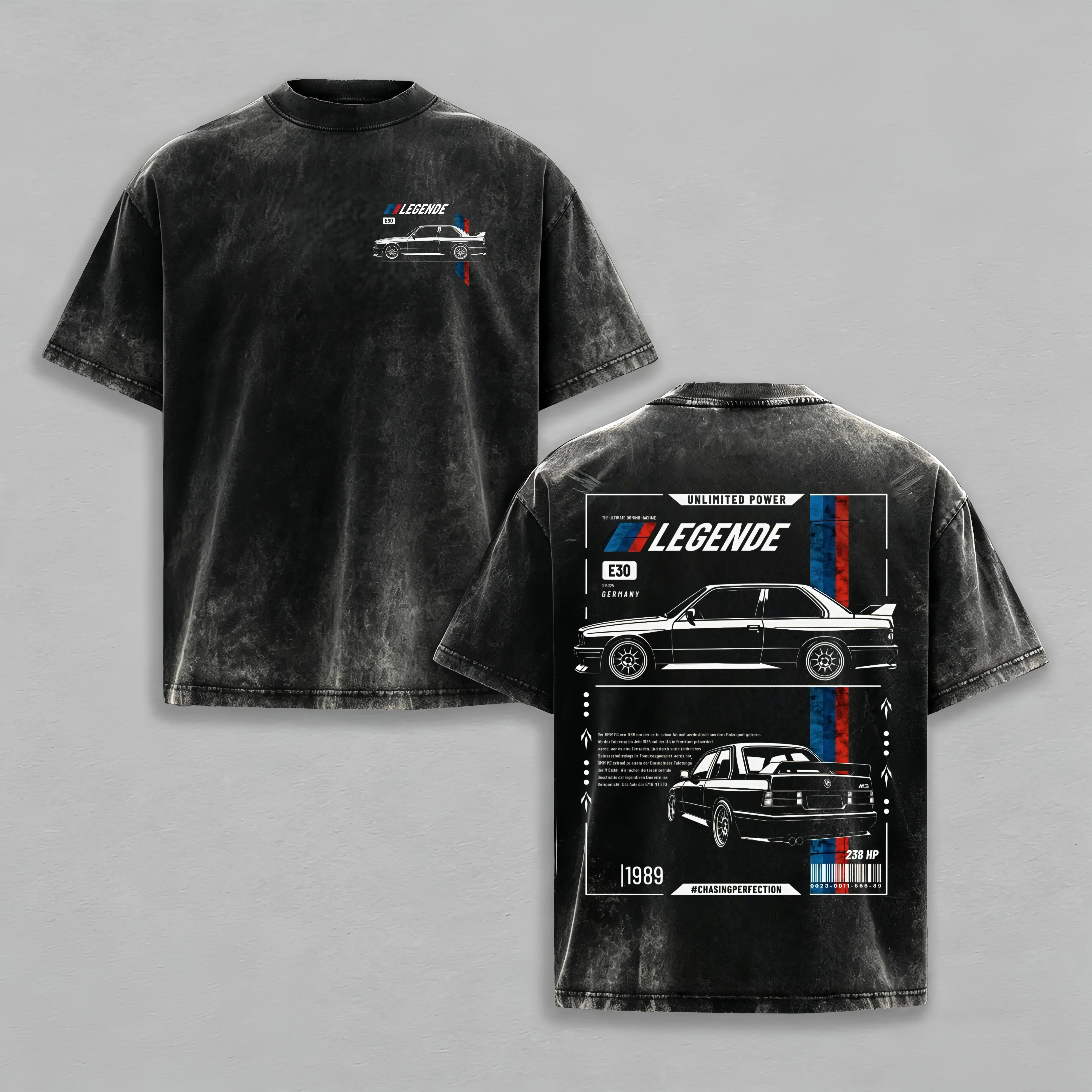 Vintage Washed  E30 M3 Legend T Shirt, Double Sided 1989 Classic German Car Graphic Oversized Tee, Retro Automotive Streetwear Gift For BMW Enthusiasts, Casual Cotton Top