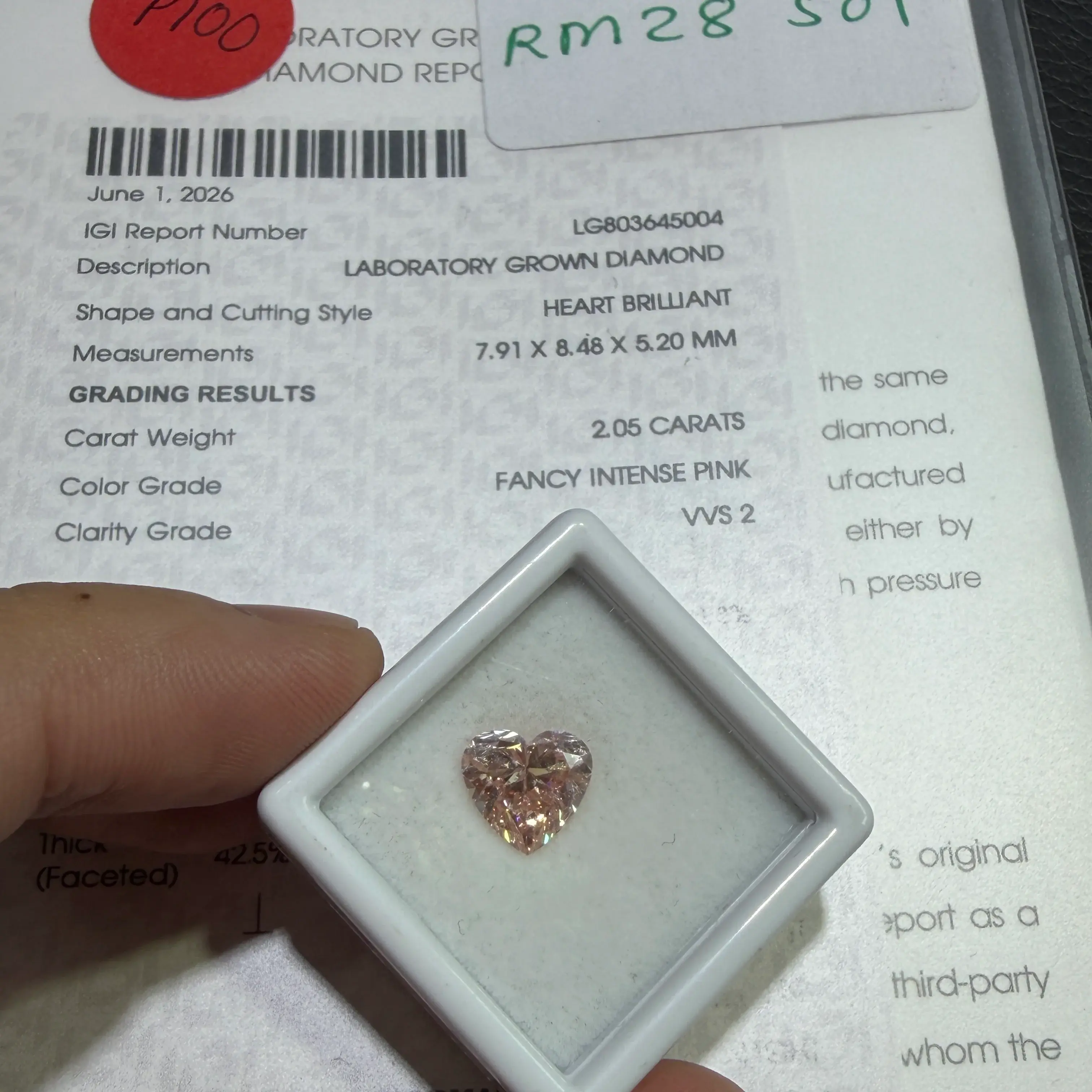 2.05ct Heart Brilliant Lab Grown Diamond (Fancy Intense Pink, VVS2, IGI Certified)