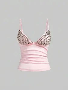 RES Grunge Punk Sexy Dark Punk Rivet Patchwork Women Top