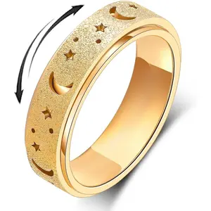 Anxiety Ring for Women Spinner Ring Stainless Steel Fidget Toys Adults Fidget Spinner Ring Fidgit Ring (Moon Star-Gold, 8)