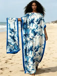1dress+1scarf White Base Blues Ink Floral Flower Printed Robe Set Large Women's Boat Collar Robe Long Dress+1 Scarf Kaftan Robe Boho Bohemian Style Banquet Dress Casual Outing Gorgeous Atmosphere Banquet/Vacation Cover Meat and Look Thin Two Piece Set