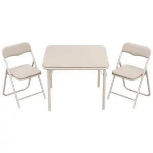 Kids Folding Table and Chair Set, 3 Piece Upholstered Padded Seats Metal Frame for Home Classroom Small Space Furniture