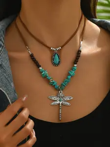 Boho Style Women's Fashion Pendant Necklace, Irregular Stone Beaded Chain with Dragonfly Charm, PU Leather, Perfect for Parties and Casual Wear