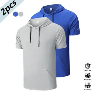 Men’s two-piece hooded short-sleeve set featuring a comfortable, breathable sports jacket with reflective stripes, slanted chest pockets, and large pockets—suitable for running, fitness, outdoor training, and everyday casual wear.