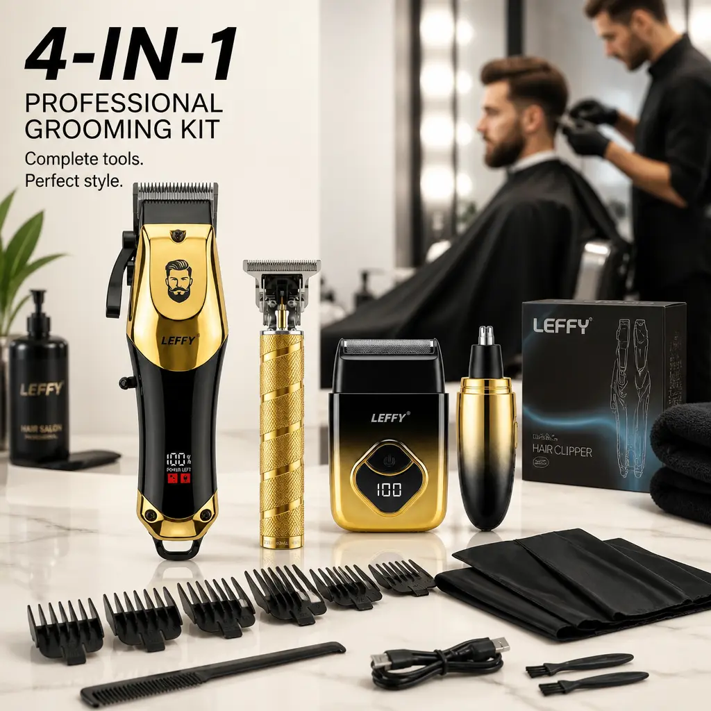 LEFFY 4-in-1 Titanium Cordless Hair Clipper Kit - USB Rechargeable, Adjustable Blade, Dry Use, Armpit Hair Grooming, LCD Power Display, Full Accessories, Ideal Barber Supply, Husband/Father Gift