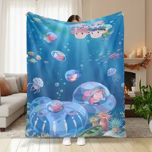 Magic Fish Girl Underwater Friendship Art — Lightweight Summer AC Blanket Ocean Dream Graphic Thin Breathable Flannel Throw for AC Room Soft Cozy Home Gift Use
