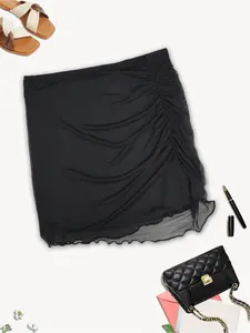 Women's mesh fitted mini skirt, high-waisted pleated design, solid color short skirt