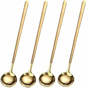 Premium 4 PCS 6.7 Inches Gold Coffee & Tea Spoons Long Handle Stainless Steel Mirror Polished Durable Stirring Spoons for Everyday Use & Gifts