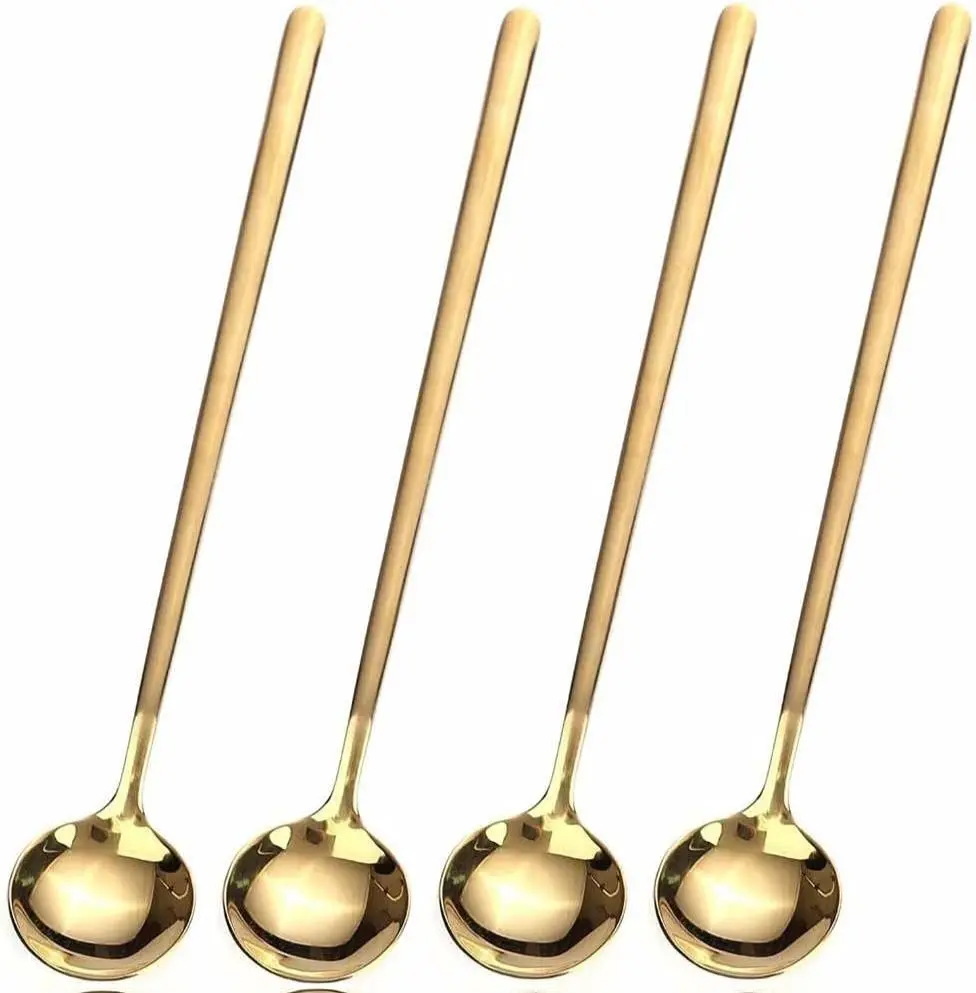 Premium Gold Stainless Steel Bar Spoon Utensils Set (Set of 4) - 6.7 in, Rust Resistant, Mirror-Polished Long Handle, Dishwasher Safe, Hand Washable, Elegant Home Coffee Tea Cocktail Stirring Gift