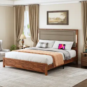 Queen size bed frame, brown and grey upholstered headboard: solid wooden rows of frames, smart LED lights + USB charging bed frame queen  bed