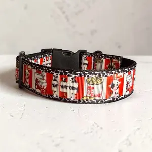 "Eat Mor Chikin" Inspired Dog Collar | Handmade Red & White Cow Print Pet Accessory | Funny Fast Food Aesthetic Puppy Collar | Durable Adjustable Buckle