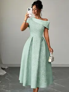 Women A Line Dress Sweet Jacquard  Slant Neck Short Sleeve High Waist Chic Elegant Formal Pleated Midi Length Dresses Birthday Prom Gown Elegant Evening Gown