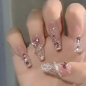 Sparkling Pink Crystal Butterfly Handmade Nails(Alcohol Free, Fragrance Free, High Gloss, Long-lasting, Waterproof) Nail Art Nail Care