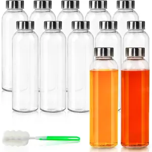 12 pack glass water bottles 16oz clear glass bottles with stainless steel lids reusable glass drink bottles with caps juice bottles for juicing smoothies tea water beverages