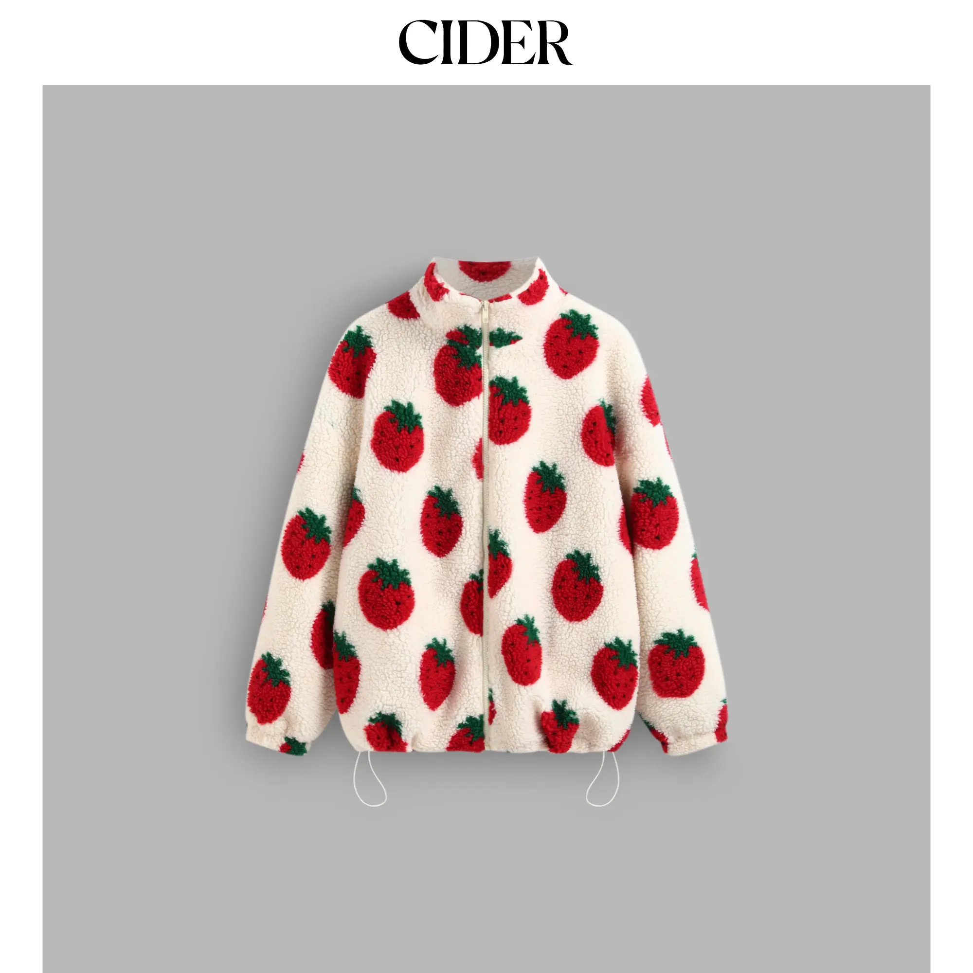 Cider Women's Strawberry Pocket Oversized Fleece Jacket, Casual Mock Neck Outerwear with Long Sleeves and Flexible Drawstring Hem, No