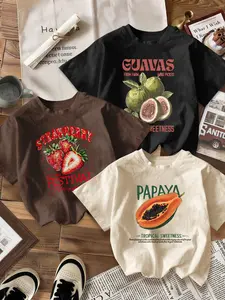 Breathable Casual Classic T-Shirt, Loose Fit Round Neck Design, Papaya & Strawberry & Papaya Tropical Print, Fashion Comfort, Daily Wear, Streetwear, Top, Three Pack