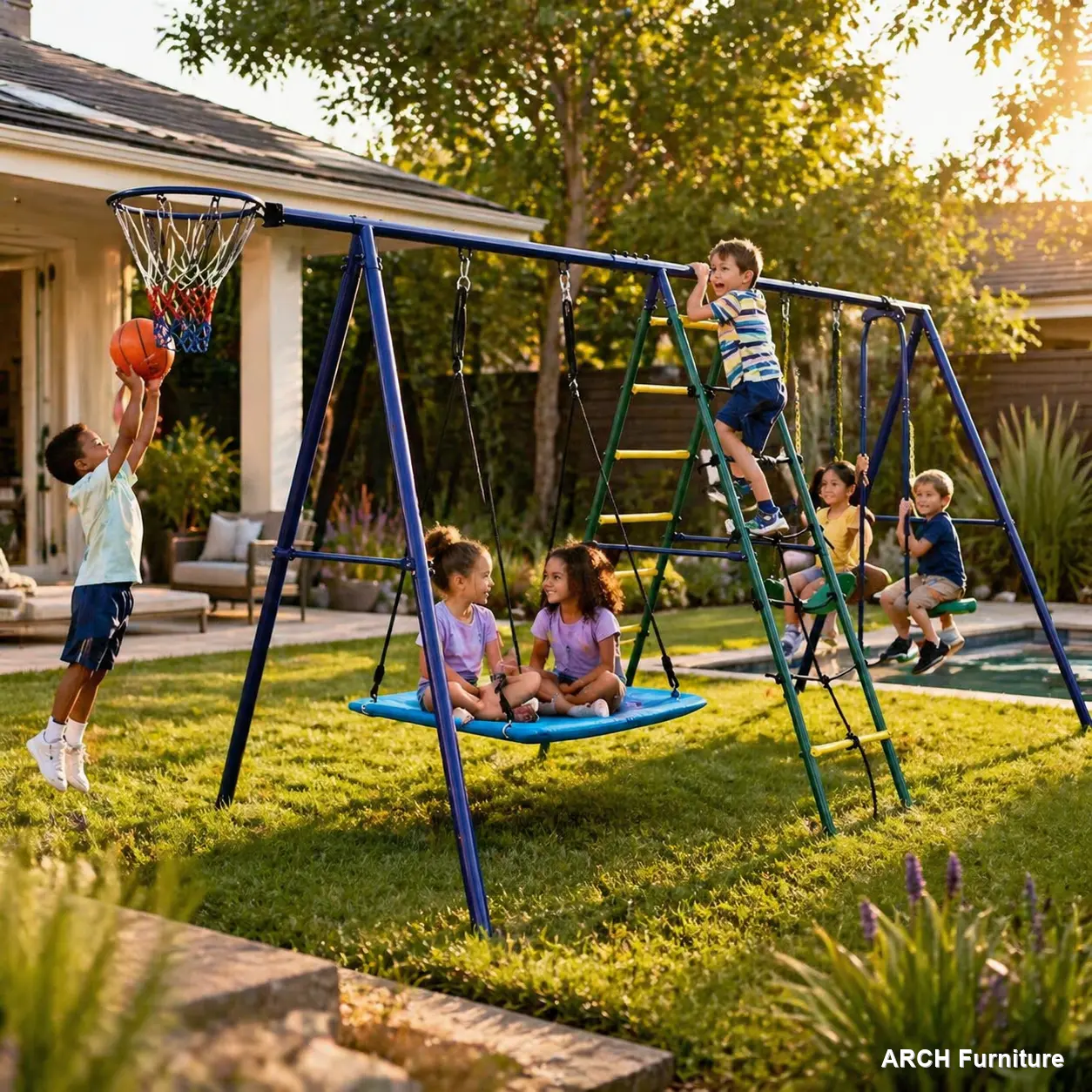 6-in-1 Kids Outdoor Play Playground Equipment Backyard Set - Durable Outdoor Furniture with Climbing Ladder, Climbing Net, Glider, Hammock, Belt Swing, Basketball Hoop for Sport Activities,outdoorfurnitureset