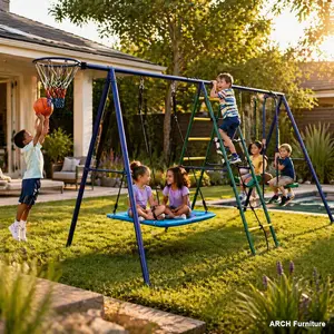 6-in-1 Outdoor Kids Playground Equipment Backyard Set - Playground Equipment with Climbing Ladder, Climbing Net, Glider, Hammock, Belt Swing, Basketball Hoop, Outdoor Kids Stuff Sport Durable,summervibes