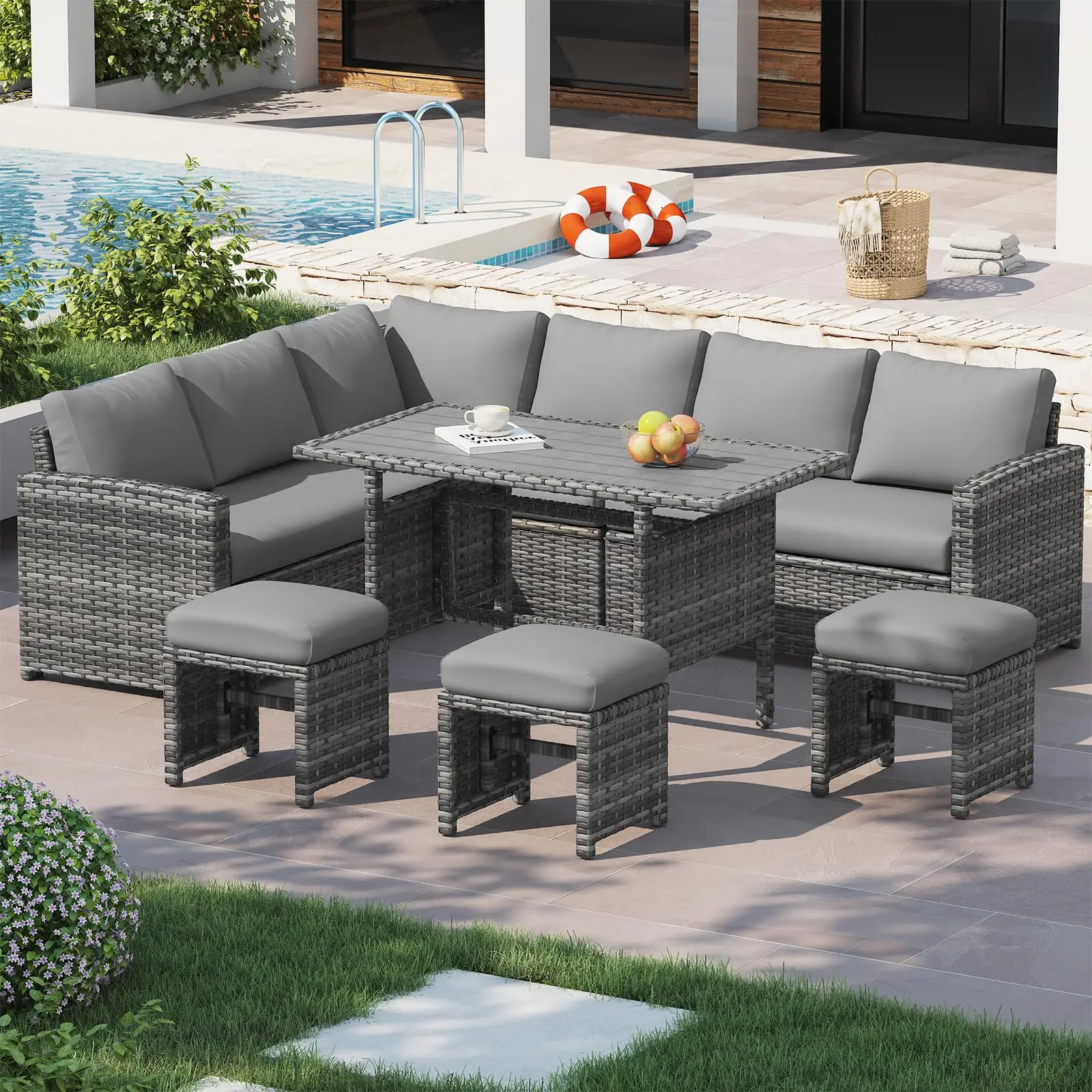 【3 to 4 packages 】[with cover]YODOLLA Patio Furniture Set with Cover, 7 Pieces Outdoor Sectional Sofa Conversation Set All Weather Wicker Rattan Couch Dining Table & Chair with Ottoman