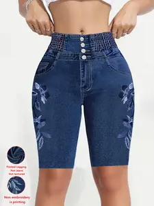 Women's Tight Fit Capri Pants, Faux Denim Print, Slim-Fitting Bottoms, All Seasons Wear, Y Type Pattern, No Ca Prop 65