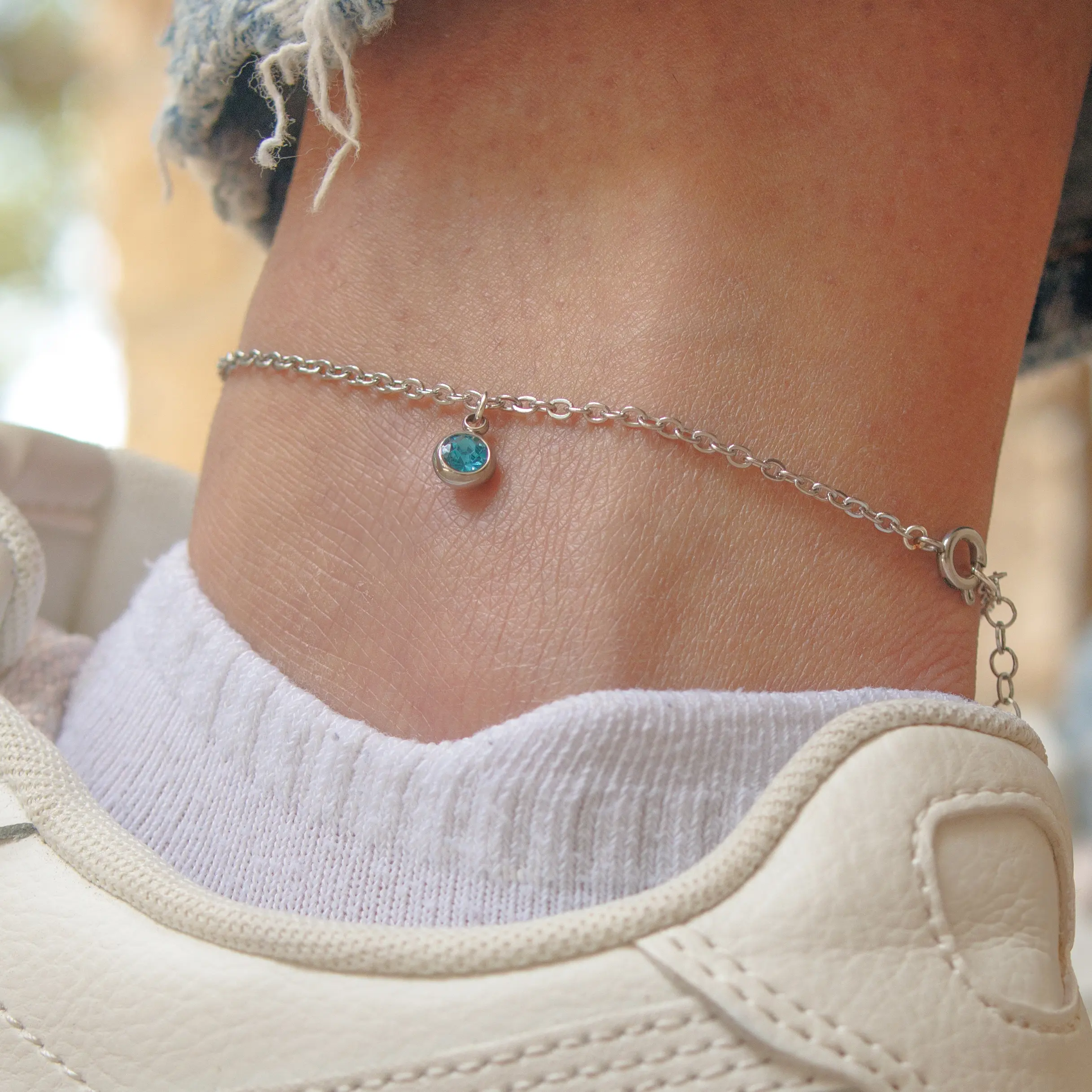 Custom Birthstone Silver Anklet – Tarnish Resistant, Adjustable Dainty Foot Chain, Personalized Gift for Her